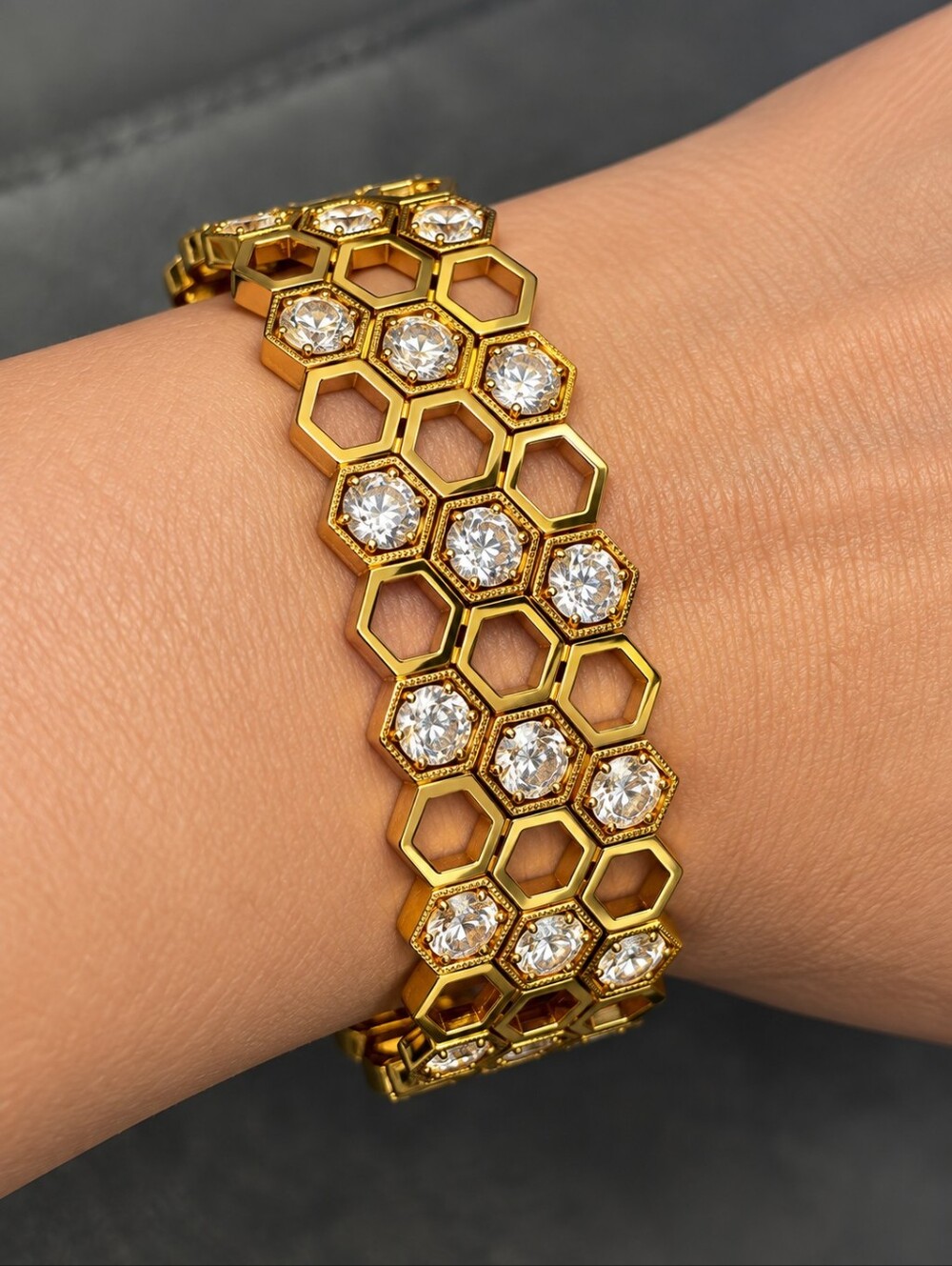22kgp Dubai Jewelry Gold Honeycomb Bracelet with Clear Crystals - Women Jewelry